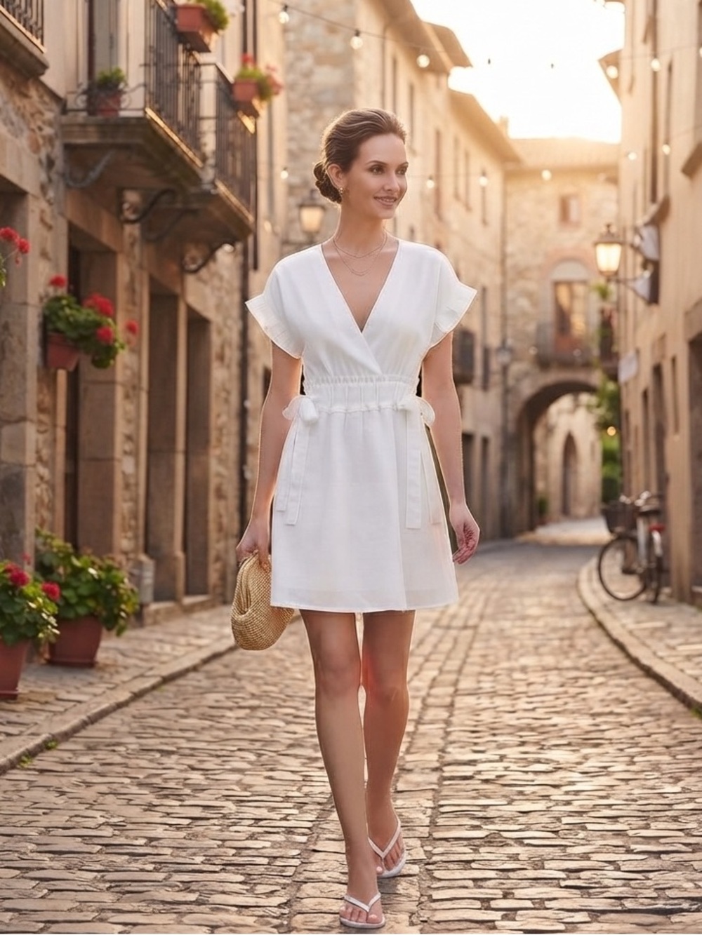 ZARA White Cross Over Mini Dress with Bow Detail on Waist
